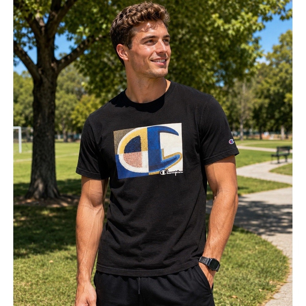 Y2K Champion Heritage Series Graphic Logo T Shirt Large Black Heavyweight Vintge